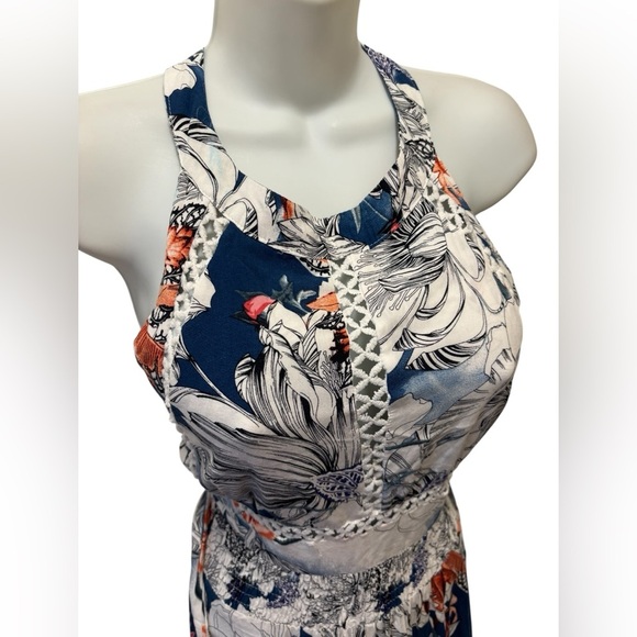 Jaase Endless Summer Magnolia Print Floral Maxi Dress Sz M Cut Out Back Crochet - Picture 8 of 12